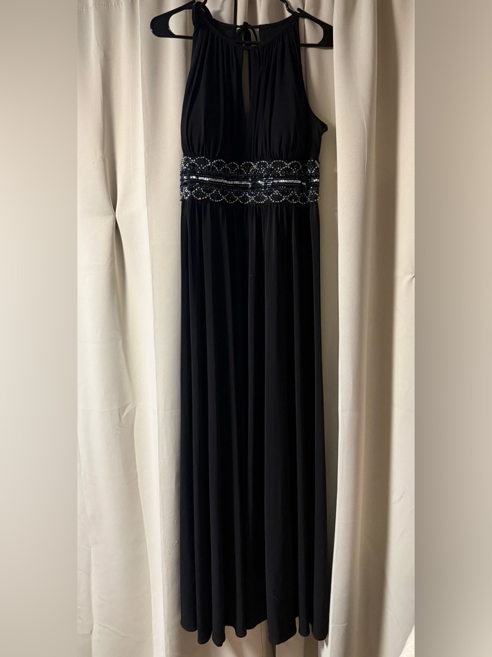 David’s Bridal Elegant Black Evening Gown with Beaded Waist